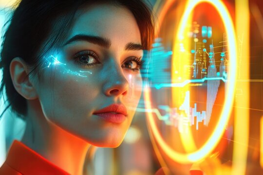 A futuristic woman with glowing eyes examines a holographic display showing complex data and financial graphs, merging human and AI interaction.