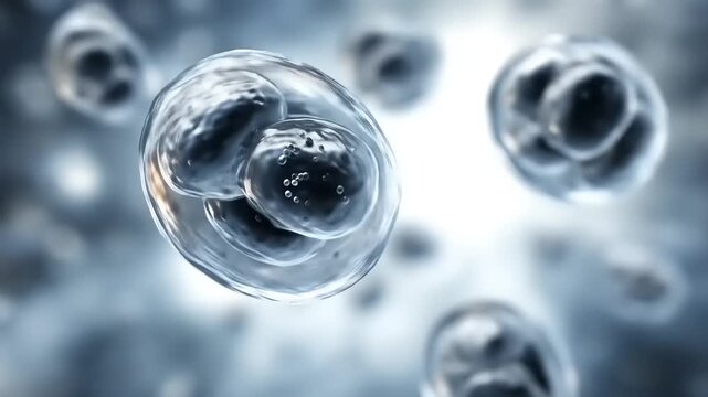 Microscopic image of spherical, semi-transparent entities floating against a diffused, grey-blue background