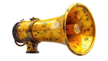 Vintage yellow megaphone with distressed metal texture for loud announcements.