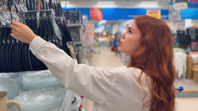 A young girl with a cart buys things. A woman looks at the shelves in a supermarket, trying to decide what to buy.