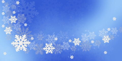 Christmas blue background of white snowflakes flying in the air. Holiday card for New Year and Christmas with space for greetings, labels and your design.