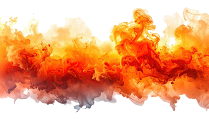 Fiery orange and red abstract smoke cloud explosion on white background.