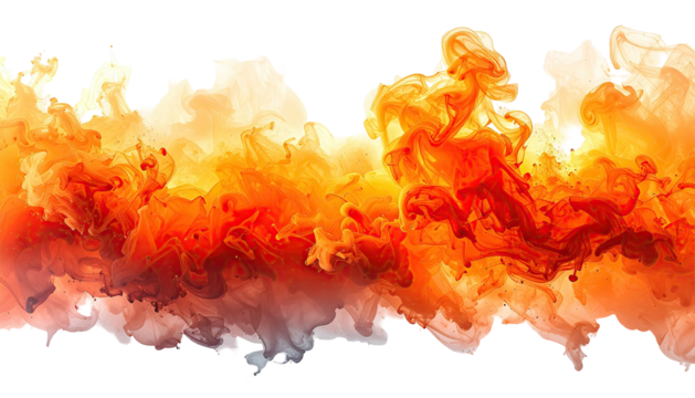 Fiery orange and red abstract smoke cloud explosion on white background.