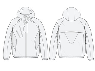 Hooded windbreaker jacket technical CAD fashion illustration front and back views  © 212069668