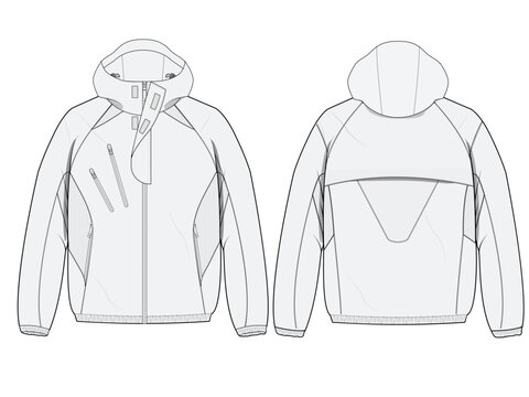 Hooded windbreaker jacket technical CAD fashion illustration front and back views	