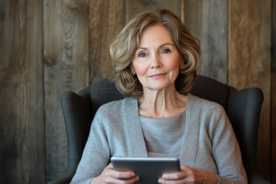 A smiling senior woman sits comfortably in an armchair, holding a tablet. She looks engaging and content, embodying modern connectivity and graceful aging indoors.