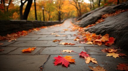 Autumn pathway with colorful fallen leaves on cobblestone walkway