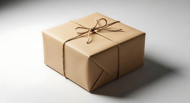 Simple brown paper wrapped gift box tied with twine
