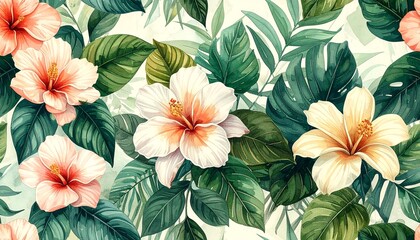 A seamless botanical pattern showcasing a harmonious blend of tropical leaves, exotic flowers, and natural foliage. Designed with intricate detail and subtle watercolor textures