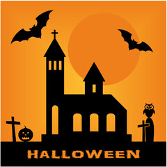Halloween card, church and cemetry, owl on tombstone, flying bats, pumpkin, night countryside, black silhouette, orange background, vector illustration