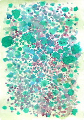 Watercolor technique and features a chaotic yet harmonious distribution of color spots. The primary shades are turquoise, emerald, blue, and violet-pink. The spots vary in size and intensity. 