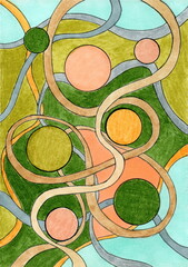 An abstract composition with smooth, intertwining lines and circles of varying sizes. The color palette includes soft, natural tones—green, orange, peach, blue, and beige. The lines twist and flow.