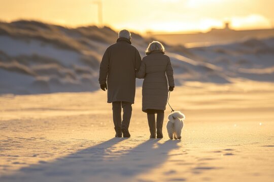 Elderly couple, arm-in-arm, walks their fluffy white dog along a sunlit beach at golden hour. Serene moments of companionship and peaceful stroll.