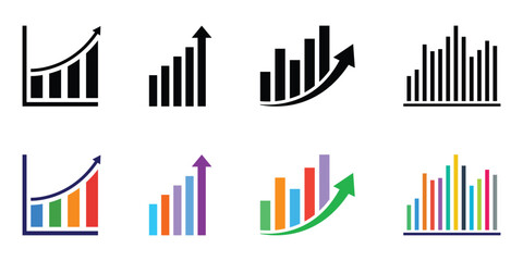 Bar graph icon. Set of  chart for report icon. Bar chart with arrow flat icons vector illustration.  EPS 10