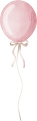 Watercolor pink balloon with white ribbon on transparent background.