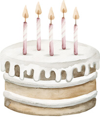 Watercolor birthday cake with candles on transparent background.