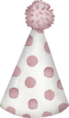 Watercolor party hat with pink polka dots on transparent background.