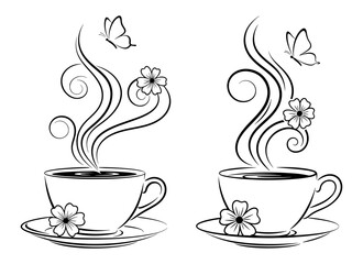Vector art of two cups of coffee with steam, flowers and butterflies hand drawn vector illustration