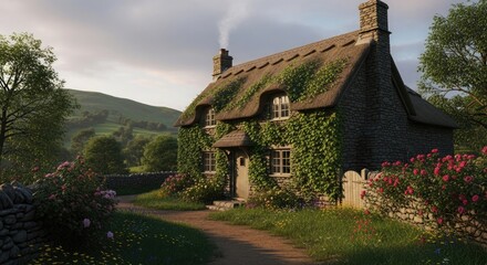 English cottage thatched roof ivy covered stone house rural landscape countryside idyllic scene peaceful home