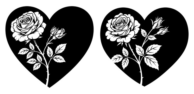 Vector art of two black heart shapes with white rose flower and leaves vector illustration