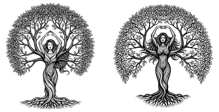 Vector art of two tree spirit illustrations, nature goddess with branches and leaves