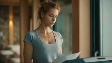 female adult checking body composition with connected scale muted hum preventive fitness self monitoring modern wellness three quarter wide angle cinematic color correction