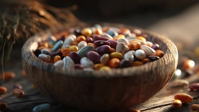 Rustic Wooden Bowl Filled with a Variety of Colorful Dried Beans.