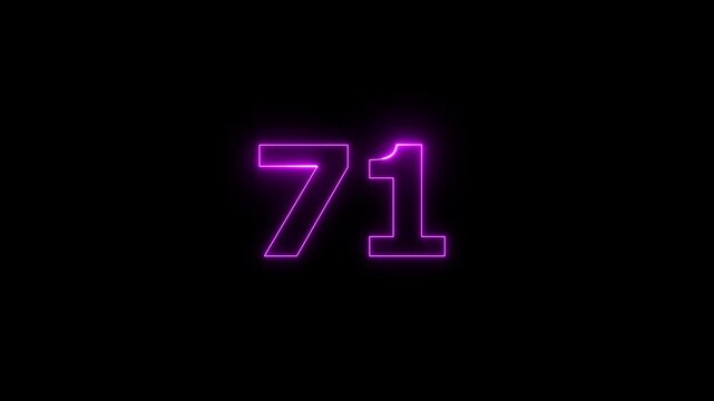 A dynamic Glowing neon text 71 number countdown timer animation. Neon business number icon. and creating a stunning video. 4k video