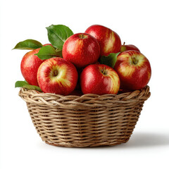 Basket of fresh red apples with green leaves on white