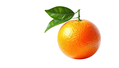 Single ripe orange fruit with green leaves on white background.