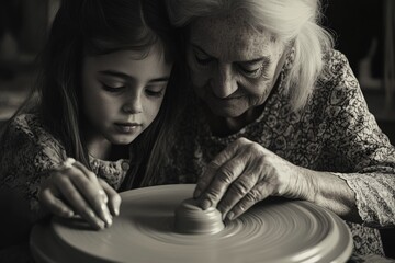 A tender black and white image capturing a grandmother teaching her grandchild pottery on a spinning wheel, fostering intergenerational connection and craftsmanship.