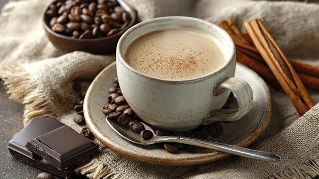 A beautifully arranged still life captures a steaming mug of creamy coffee or latte, elegantly dusted with a delicate spice, resting on a rustic saucer. Scattered around the ceramic cup are rich, roas