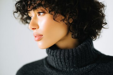 Fototapeta premium Model in charcoal wool turtleneck and dark denim skirt minimal fashion portrait on white background