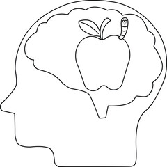 line icon of human brain head and icon of caterpillar apple