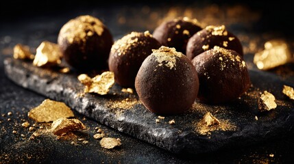 Elegant chocolate truffles with gold leaf accents on slate background