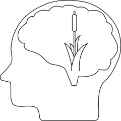 line icon of human brain head and grass icon