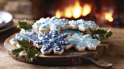 Holiday snowflake cookies decorated with icing and holly on a wooden board by the fireplace