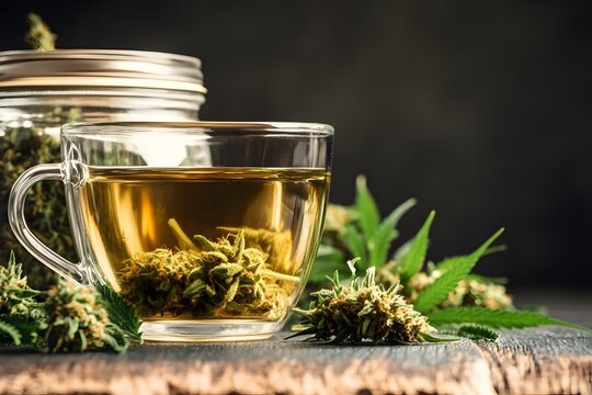 Herbal Tea with Cannabis Flower Buds in Glass Cup Dark Background