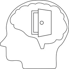 line icon of human brain head and open door icon