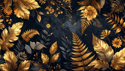 A luxurious seamless botanical pattern featuring metallic gold leaves and flowers against a deep background. Elegant and glamorous for fashion, branding, and decor.
