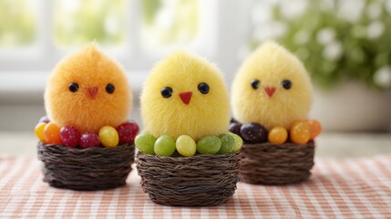 Colorful decorative chicks in nesting baskets with candy displayed on a warm table setting