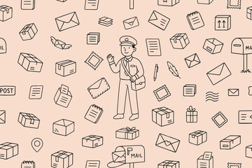 A seamless pattern with a postal theme. Postman, postal equipment, parcels, mailboxes, postage stamps, envelopes, delivery service. Vector illustration in doodle style.