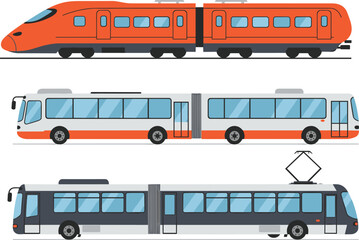 Modern public transportation vehicles illustration, high speed train, electric bus, city tram design, urban transit system, eco friendly travel concept