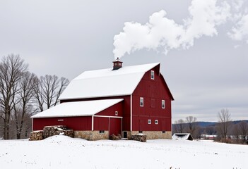 Charming Red Barn in Snow-Covered Countryside with Leafless Trees and Smoke from Chimney on a Clear Winter Day