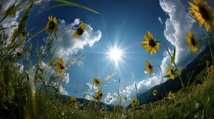 Vibrant sunflower field under bright blue sky with sunlight and fluffy clouds