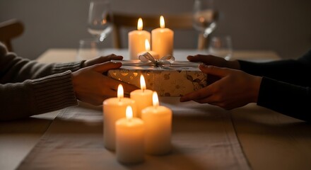 Romantic candlelit dinner with hands holding a gift
