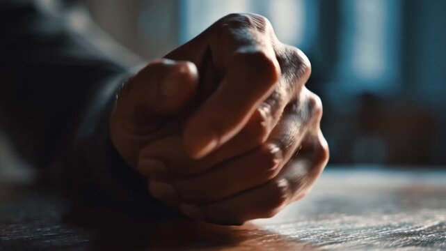 Hand knock on wooden table closeup with anticipation and waiting, natural light, sports psychology training, focus, mental strength, emotional tension
