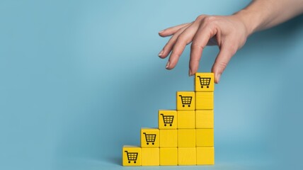 Hand arranging yellow wooden blocks with shopping cart icon on blue background, representing growth in online shopping and ecommerce business