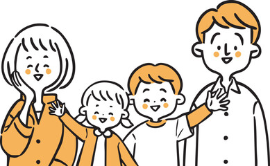 若い家族のイラスト　上半身　 ベクター（オレンジ）
