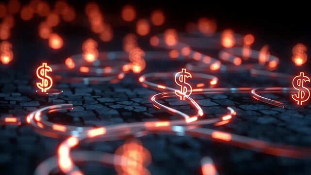 Glowing Dollar Sign and Neon Lines Symbolize Cross Border Investment, Finance, and Economic Growth Futuristic Network with Vibrant Neon Light Effect